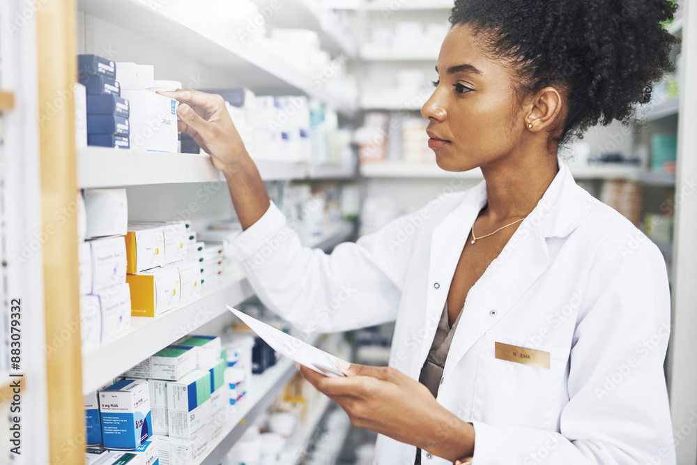 Black woman, tablet and pharmacist at shelf to check medicine for stock take and product inventory. Tech, pharmacy and medical worker with drugs for online prescription, information and telehealth Black woman, tablet and pharmacist at shelf to check medicine for stock take and product inventory. Tech, pharmacy and medical worker with drugs for online prescription, information and telehealth