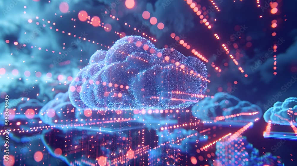 3D cloud server network with glowing data packets streaming through interconnected nodes, creating a dynamic and futuristic visual 3D cloud server network with glowing data packets streaming through interconnected nodes, creating a dynamic and futuristic visual