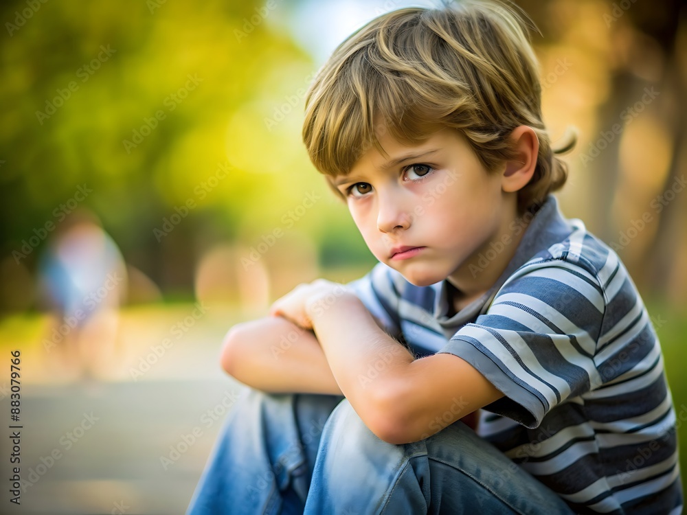 Sad Boy Sitting in Park.
