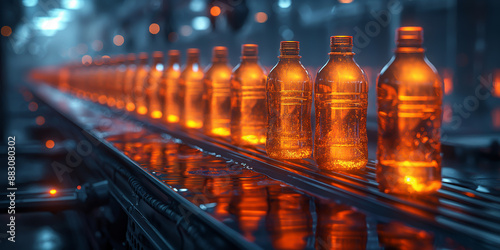 Illuminated Bottles Marching Along a High-Tech Production Line in Glowing Splendor