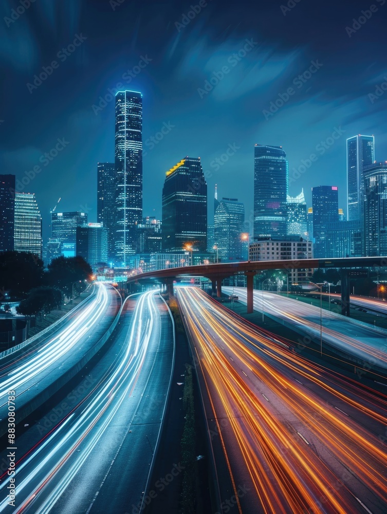 Obraz premium Nighttime cityscape with blurred car headlights and streetlights creating colorful light trails