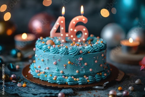 Blue Birthday Cake With Forty-Six Candles photo