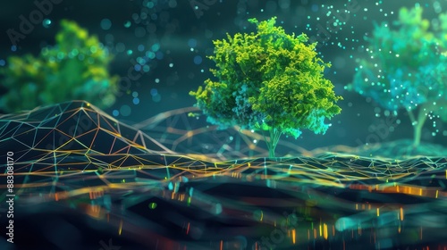 Abstract polygonal tree growth, vibrant digital environment, futuristic nature, innovation