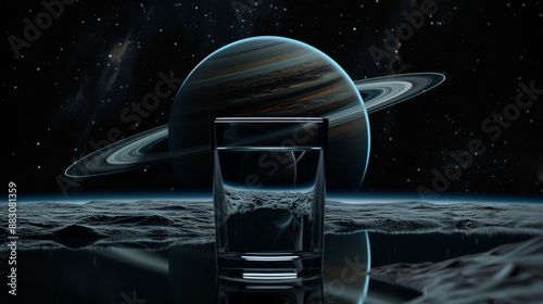 A glass of water on the surface of Saturn, with a space background, planet rings, and a black sky, in the style of ultra-realistic photography