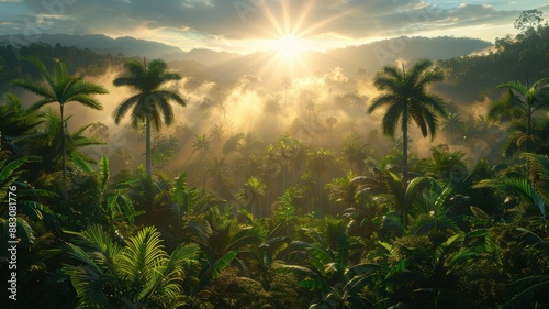 Serene sunrise over lush green rainforest with mist and vibrant palm trees, showcasing the beauty of nature.