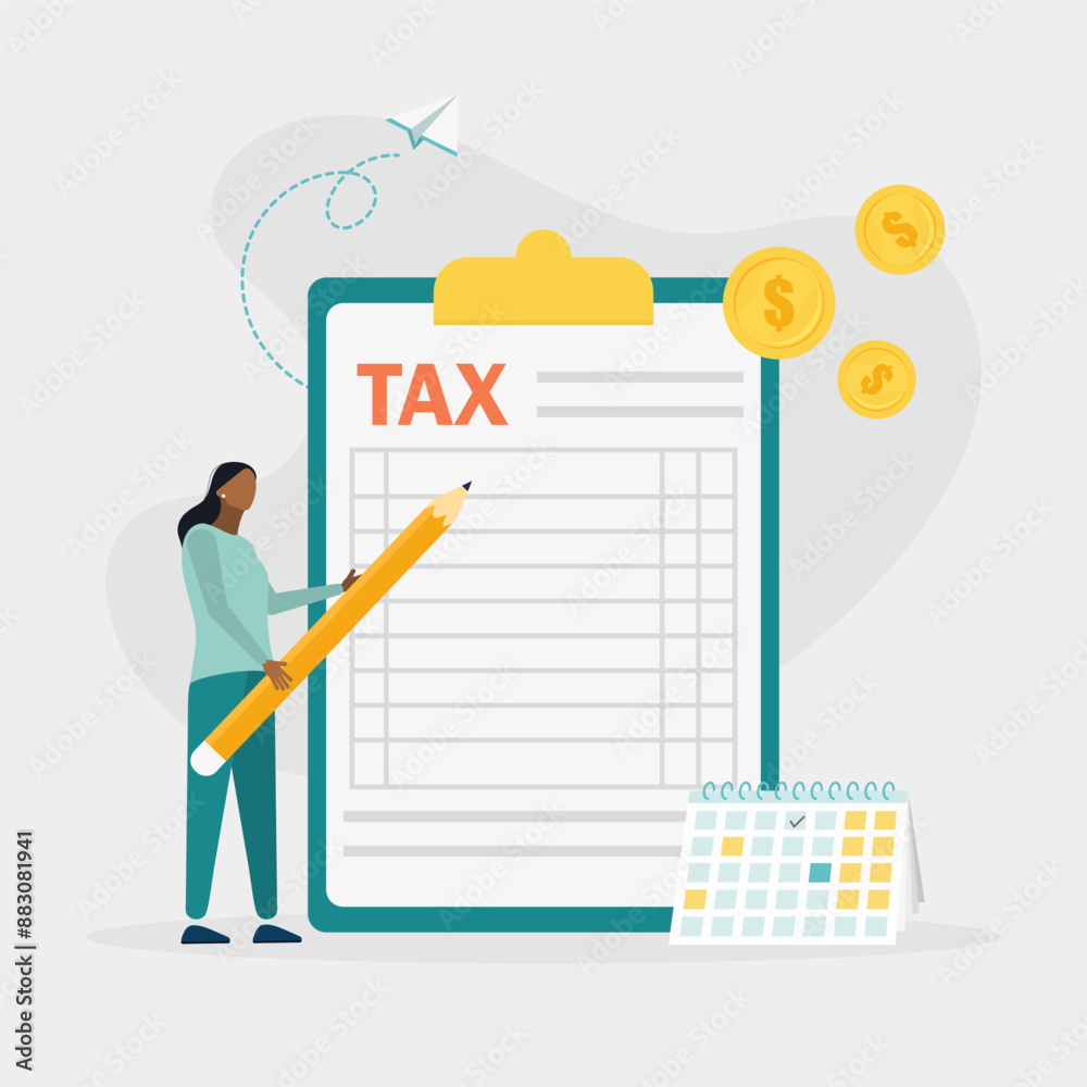 Woman fills out financial document form on clipboard and payment date. Tax form, income tax return, company tax payment concept. Vector illustration. Woman fills out financial document form on clipboard and payment date. Tax form, income tax return, company tax payment concept. Vector illustration.