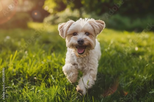 Happy pet dog playing on green grass lawn on summer day © DK_2020