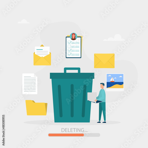 Delete concept. The character deletes data and moves unnecessary files to a large trash bin. Cleaning digital memory. Vector illustration.	
