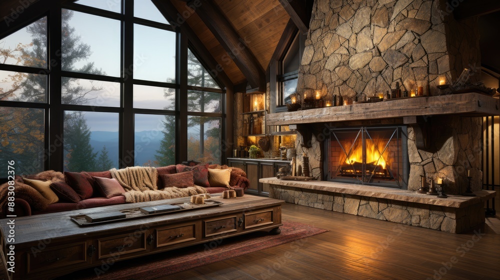 A handcrafted stone fireplace features built-in wood storage below - perfectly matching the rustic style of a mountain chalet - wide format  