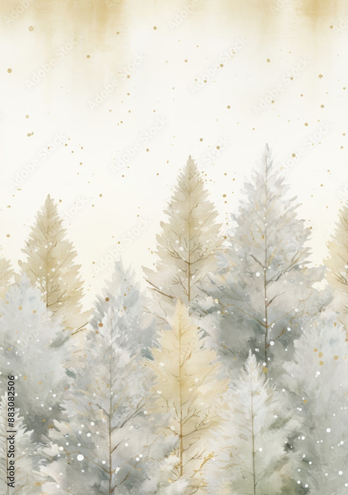 Obraz premium Watercolor style painting of a forest with trees adorned in golden hues during a snowy winter.