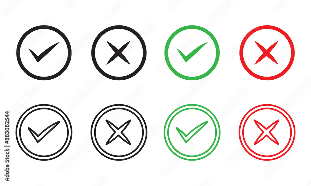 Green check mark icon set in line style. Red cross, Modern tick, Circle tick, Approved, Checklist, Vote, yes, no drawn concept. Checkbox, cross mark with square, circle element. Green check mark icon set in line style. Red cross, Modern tick, Circle tick, Approved, Checklist, Vote, yes, no drawn concept. Checkbox, cross mark with square, circle element.