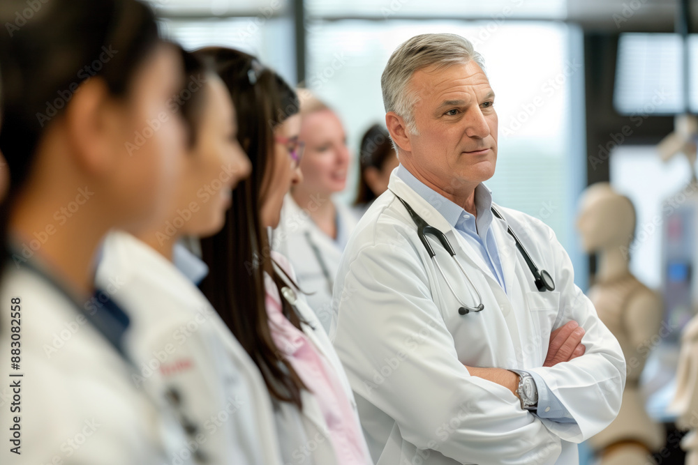 Male doctor with stethoscope standing confidently among medical students in a bright hospital setting. Medical education, healthcare training, professional mentoring, medical professionalism. Male doctor with stethoscope standing confidently among medical students in a bright hospital setting. Medical education, healthcare training, professional mentoring, medical professionalism.