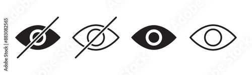 See and unsee eye icon. Eyesight symbol. Retina scan eye signs. Privacy and block flat or line vector collection