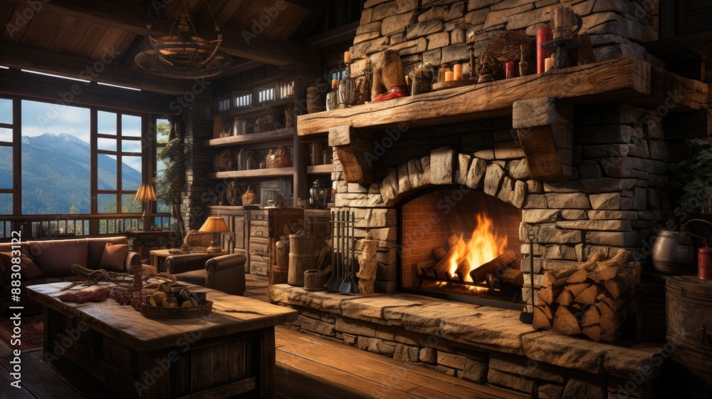 A handcrafted stone fireplace features built-in wood storage below, perfectly matching the rustic style of a mountain chalet A handcrafted stone fireplace features built-in wood storage below, perfectly matching the rustic style of a mountain chalet