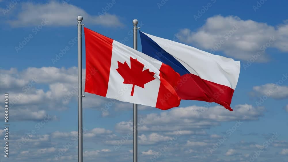 Czech Republic and Canada flags flying together, video concept of the relationship, two country relations concept Czech Republic and Canada flags flying together, video concept of the relationship, two country relations concept
