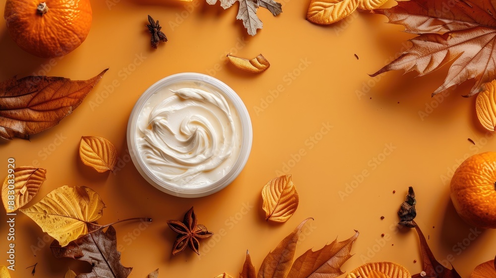 Organic autumn skin cream on orange backdrop with space Beauty care Banner Organic autumn skin cream on orange backdrop with space Beauty care Banner