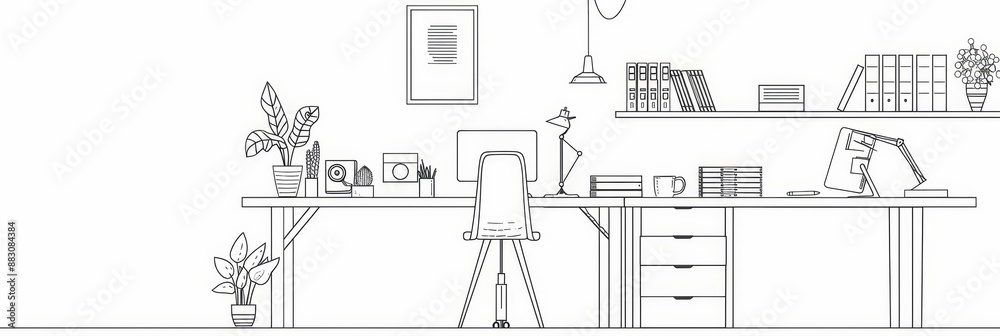Minimalist Modern Office Workspace - A minimalist and modern illustration of an office workspace featuring a desk with a computer, a chair, a desk lamp, plants, and shelves. Minimalist Modern Office Workspace - A minimalist and modern illustration of an office workspace featuring a desk with a computer, a chair, a desk lamp, plants, and shelves.