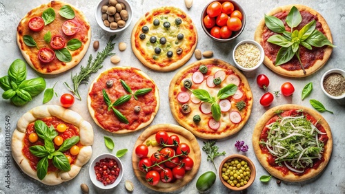 Scrumptious pizzas with fresh ingredients on a rustic table