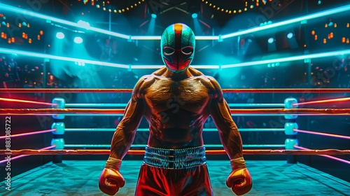 A dynamic image of a luchador wrestler in a vibrant mask and outfit standing in a lit wrestling ring, surrounded by colorful stage lights and an engaged audience, embodying energy and showmanship.
