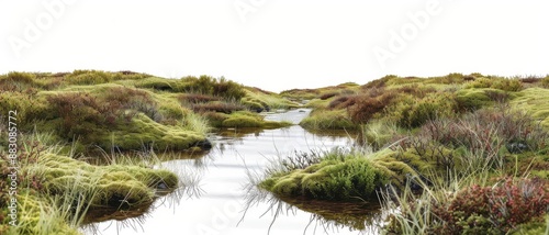 A scenic view of a lush green marshland with water streams surrounded by various grasses and vegetation on an overcast day