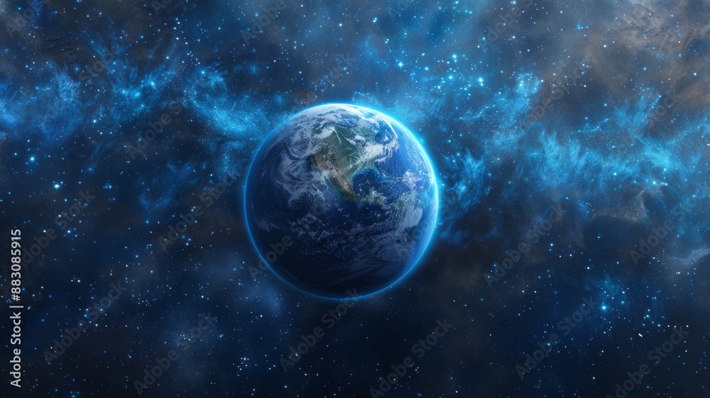 Naklejka premium A beautiful blue planet, Earth, floats in the vastness of space. Its swirling atmosphere and verdant landmasses make it a vibrant jewel in the galaxy.