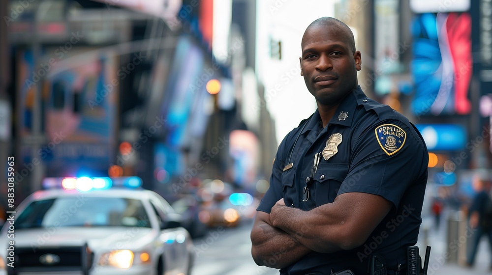 A police officer wearing a standard uniform is standing confidently with crossed arms, supervising the urban surroundings during what appears to be daytime activity in a city. A police officer wearing a standard uniform is standing confidently with crossed arms, supervising the urban surroundings during what appears to be daytime activity in a city.