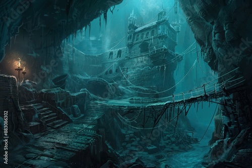 Ancient castle ruins lie forgotten in the depths of the ocean a sunken relic of a bygone era
