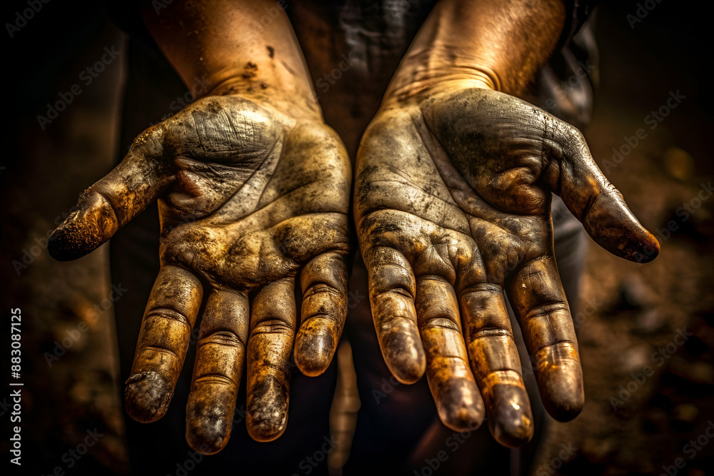 Two dirty hands are shown in a close up. The hands are covered in dirt and grime, and the image conveys a sense of hard work and labor Two dirty hands are shown in a close up. The hands are covered in dirt and grime, and the image conveys a sense of hard work and labor