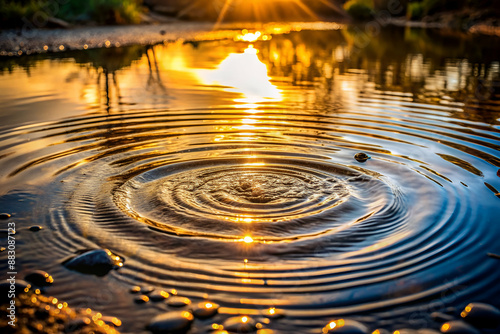 A small ripple in a body of water is reflected in the sun. The water is calm and still, with no visible movement. The sun is setting, casting a warm glow over the scene