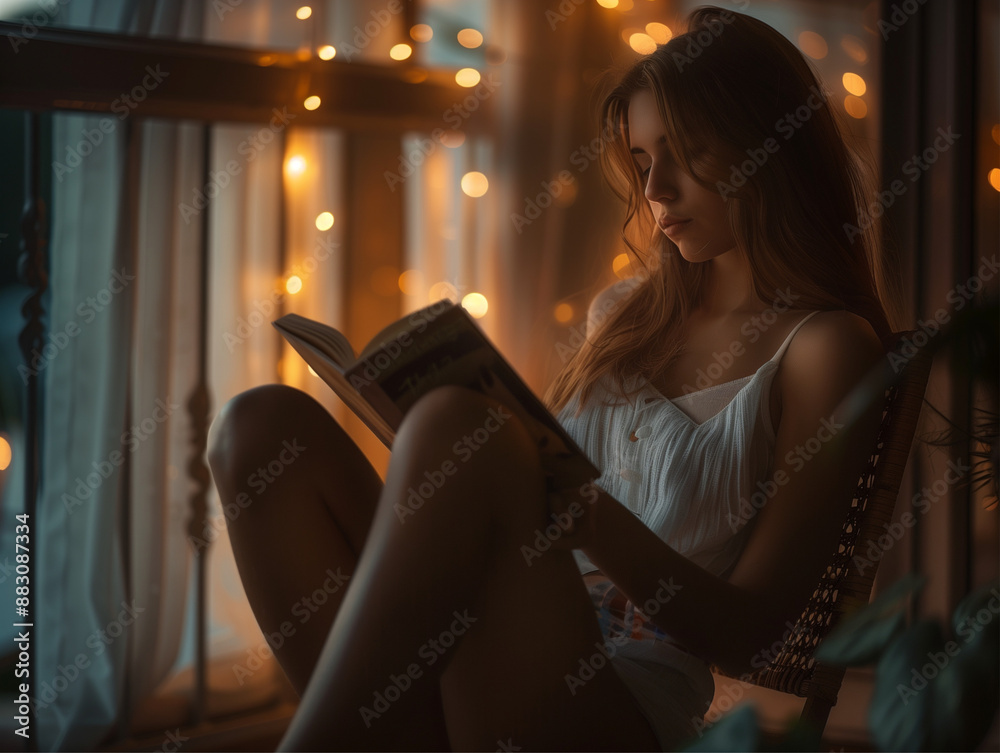 Relaxing and cozy evening spent reading a book with warm fairy lights in the background creating a peaceful atmosphere. Relaxing and cozy evening spent reading a book with warm fairy lights in the background creating a peaceful atmosphere.