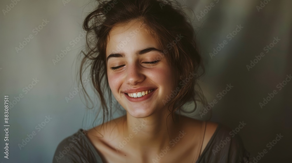 Smiling Woman with Closed Eyes - A close-up portrait of a young woman with her eyes closed and a big smile, showcasing natural beauty and radiating happiness. Smiling Woman with Closed Eyes - A close-up portrait of a young woman with her eyes closed and a big smile, showcasing natural beauty and radiating happiness.