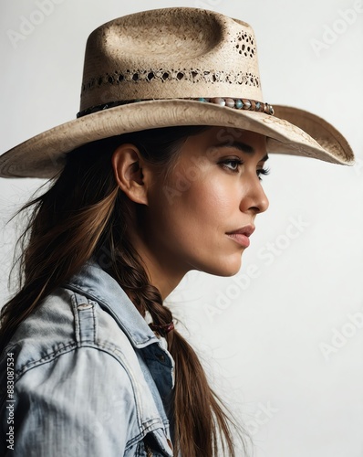 beautiful cowboy woman side view portrait on plain white background
