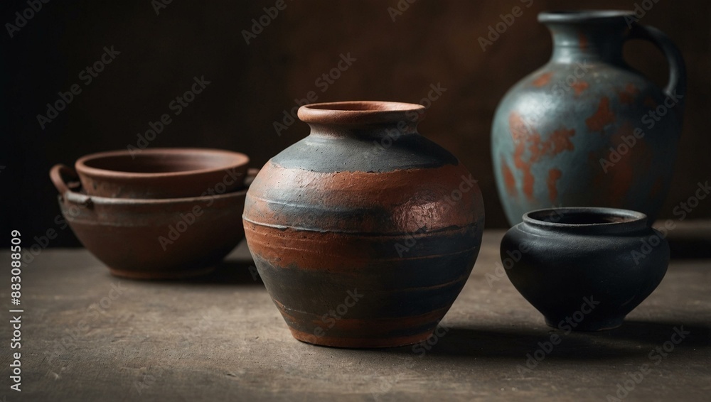 A collection of rustic pottery, including bowls and vases, displayed on a wooden surface against a dark backdrop. A collection of rustic pottery, including bowls and vases, displayed on a wooden surface against a dark backdrop.