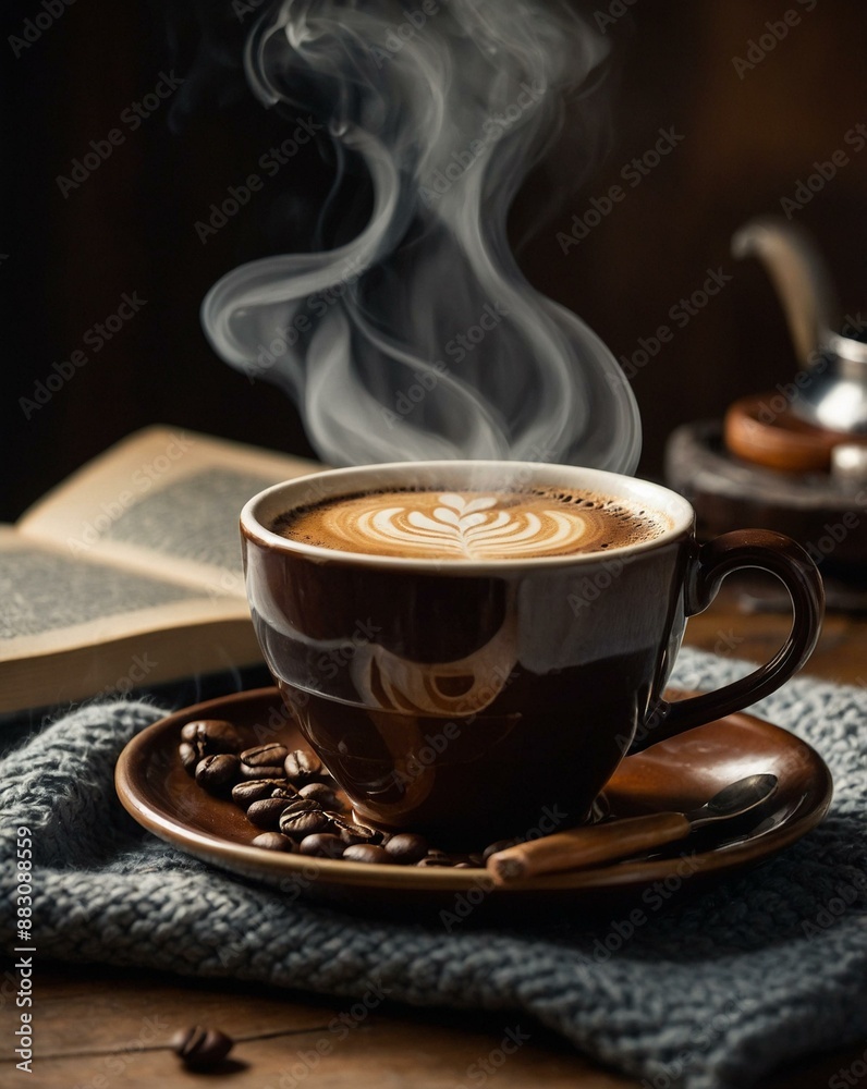 A steaming cappuccino served in a dark brown mug with a saucer, surrounded by coffee beans, on a rustic wooden table. A steaming cappuccino served in a dark brown mug with a saucer, surrounded by coffee beans, on a rustic wooden table.