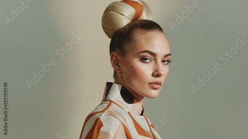 A fashionable woman with a sleek bun and modern geometric outfit, showcasing contemporary style and elegance. photo