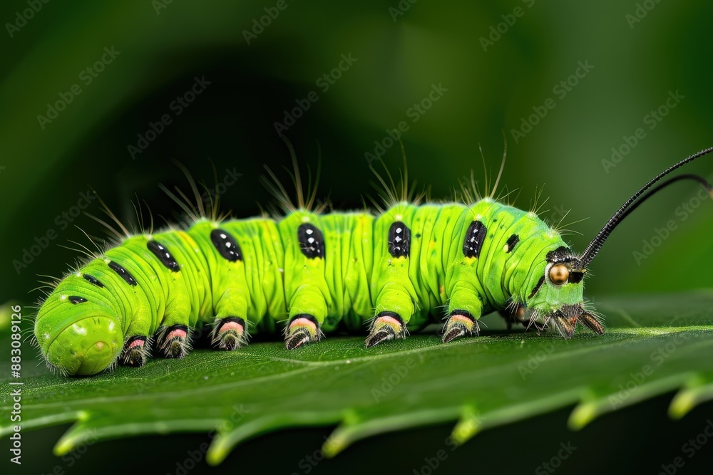 Close-up macro shot of vibrant green caterpillar on leaf with natural light highlighting detailed body Close-up macro shot of vibrant green caterpillar on leaf with natural light highlighting detailed body