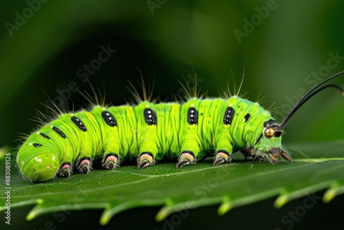 Close-up macro shot of vibrant green caterpillar on leaf with natural light highlighting detailed body