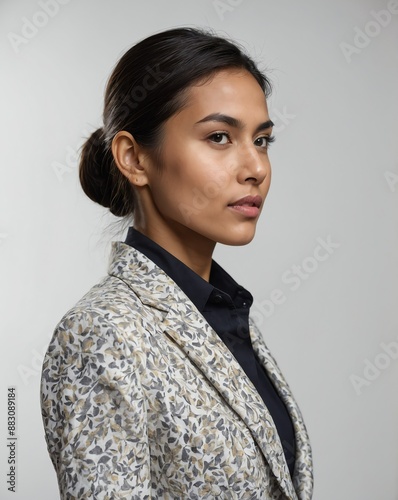 young beautiful business woman side view portrait on plain white background