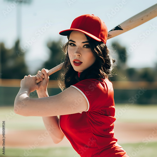 Woman baseball player ready to hit photo