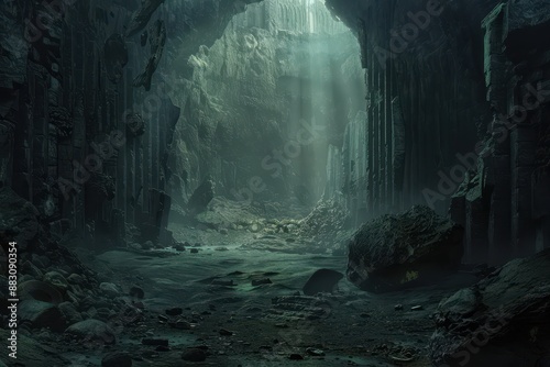 Mysterious Underground Cavern with Glowing Runes and Ancient Artifacts