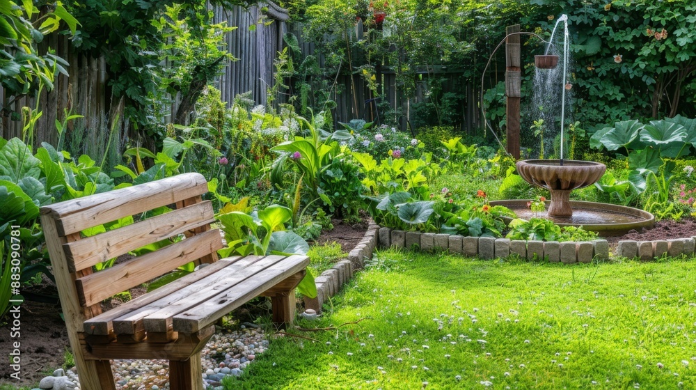 Tranquil Garden Scene with Wooden Bench and Fountain. Tranquil Garden Scene with Wooden Bench and Fountain.
