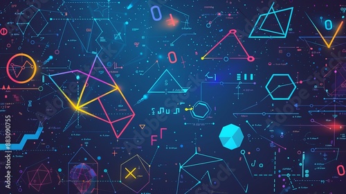 This image illustrates a dynamic assortment of geometric shapes, numbers, and letters on a dark background with neon colors, representing modern technology and data visualization.