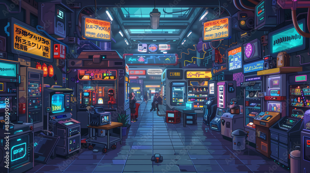 A futuristic marketplace with vendors selling high-tech gadgets , pixel art, game assets A futuristic marketplace with vendors selling high-tech gadgets , pixel art, game assets