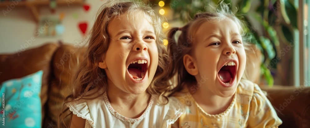 Funny preschool and elementary-age sisters, yelling and singing loudly while playing, their faces beaming with excitement Funny preschool and elementary-age sisters, yelling and singing loudly while playing, their faces beaming with excitement