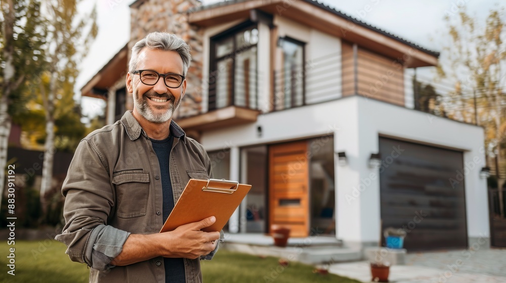 A man is seen outside a modern house with a clipboard, likely performing inspection or real estate assessment, highlighting the house's contemporary architectural style.