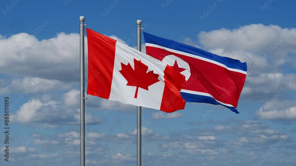 North Korea and Canada flags flying together, video concept of the relationship North Korea and Canada flags flying together, video concept of the relationship