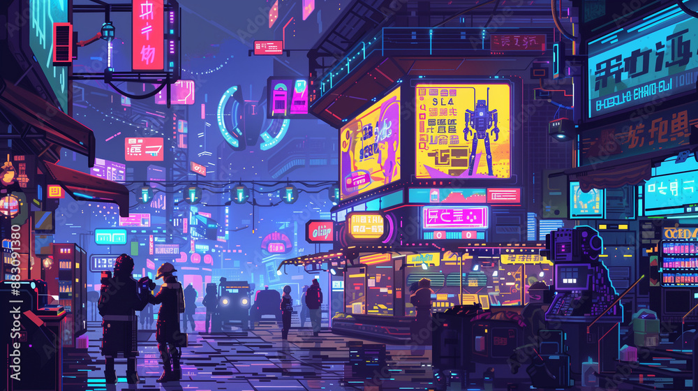 A cyberpunk market with robots and humans interacting , pixel art, game assets A cyberpunk market with robots and humans interacting , pixel art, game assets