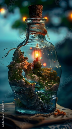 A fantastical interior of a bottle showing a tiny floating island with a glowing beacon photo