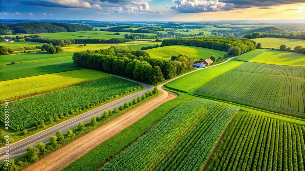Obraz premium Aerial view of a lush green corn field in the countryside, corn, field, agriculture, farm, rural, landscape, drone, aerial view