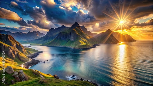 Beautiful landscape of mountains meeting the sea with glowing light, mountain, sea, merging, landscape, nature, scenic